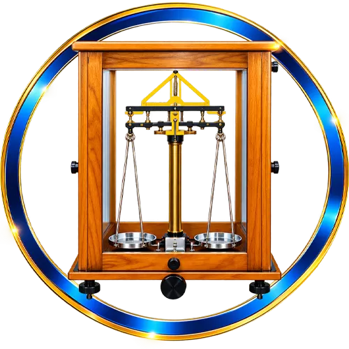 Analytical balance in a wooden glass case